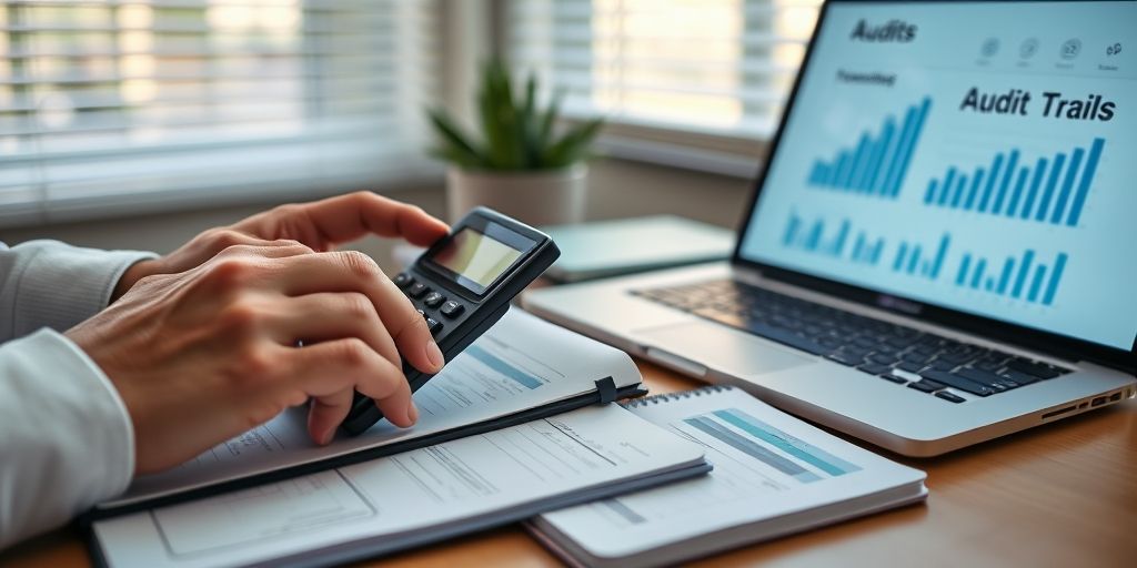 Close-up of hands using a calculator and a notebook with growth charts, a laptop displaying audit trails, soft daylight through blinds, conveying accuracy, compliance, and strategic financial planning for growing companies.