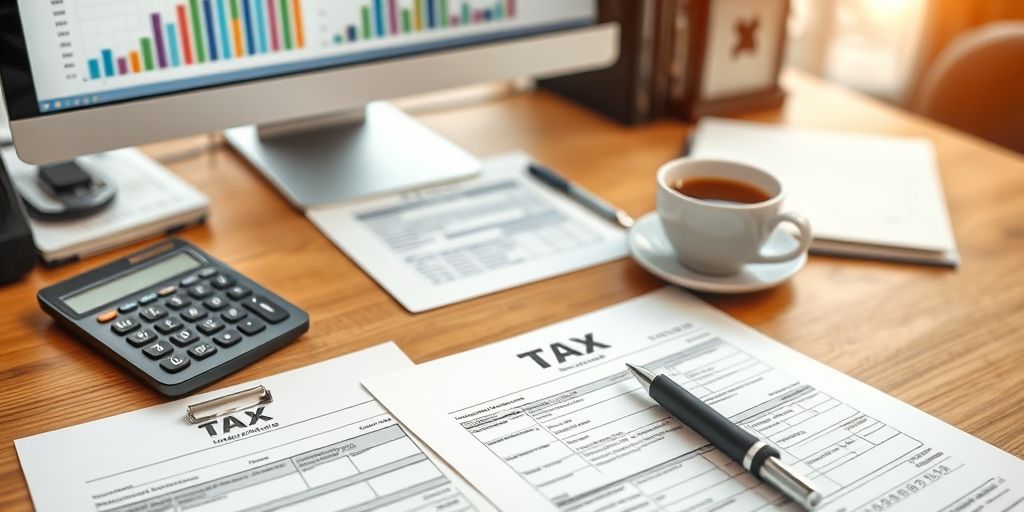 Close-up of a desk with tax forms, calculator, and a cup of coffee, a computer monitor showing charts, symbolizing strategic planning, tidy records, and careful compliance in taxation.