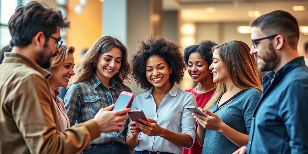 People discussing taxes on a social media platform, smartphone in hand, diverse group, engaging visuals, bright colors, representing shareable knowledge and peer recommendations in tax matters.