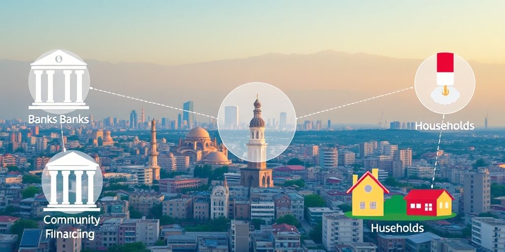 A infographic-style illustration showing interconnections between banks, community financing, SMEs, and households, with Persian cityscape in the background and vibrant colors promoting trust and collaboration.
