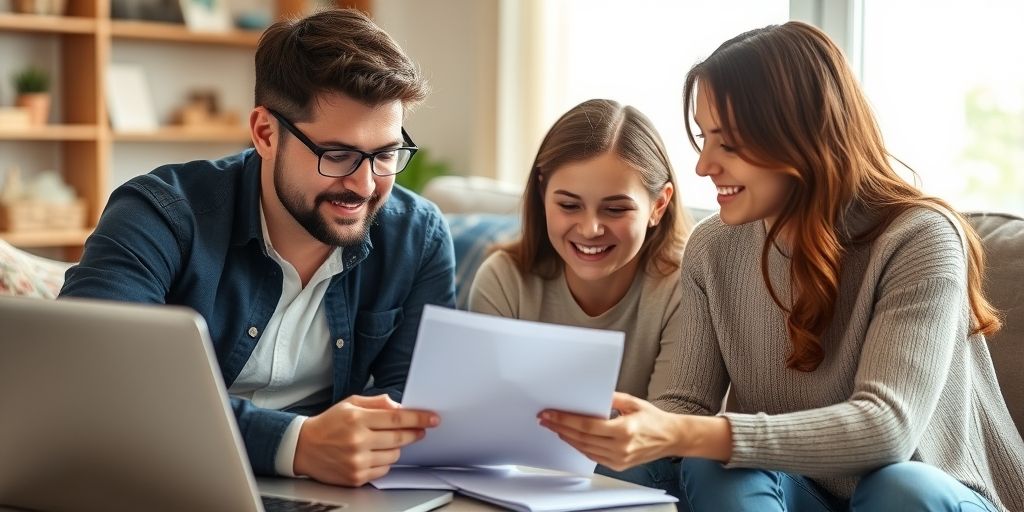 A close-up of a family discussing loan options with a financial advisor at home, laptops, documents, warm daylight, cozy atmosphere, conveying trust and guidance.