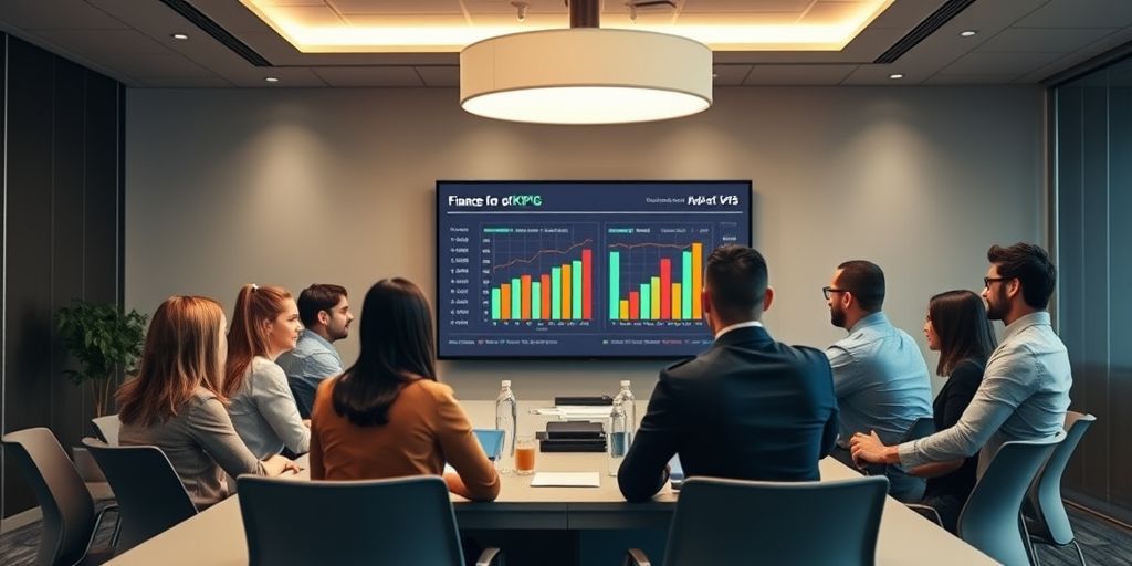 A finance team in a conference room around a large screen showing cash flow projections and KPIs, collaborative atmosphere, diverse professionals, modern boardroom lighting, strategic discussion.