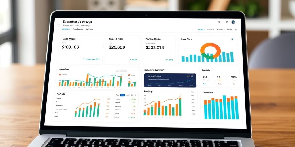 A digital dashboard on a laptop displaying revenue, expenses, and profitability metrics with colorful charts, clean UI, and executive summary, conveying data-driven decision making for management teams.