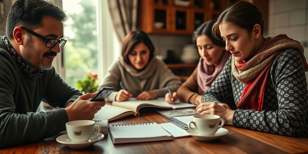 Close-up image of a Persian family sitting at a kitchen table, planning budget with notebooks, smartphone loan apps visible, tea cups, natural warm indoor lighting, emotive expressions, detailed, candid, documentary-style photography.