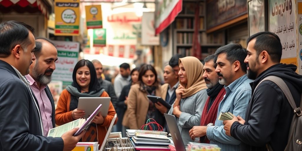 A dynamic scene of small business owners in an Iranian bazaar exchanging ideas, laptops and cash visible, posters about loans in Farsi, vibrant colors, high-resolution, hopeful atmosphere suggesting grassroots financial resilience.