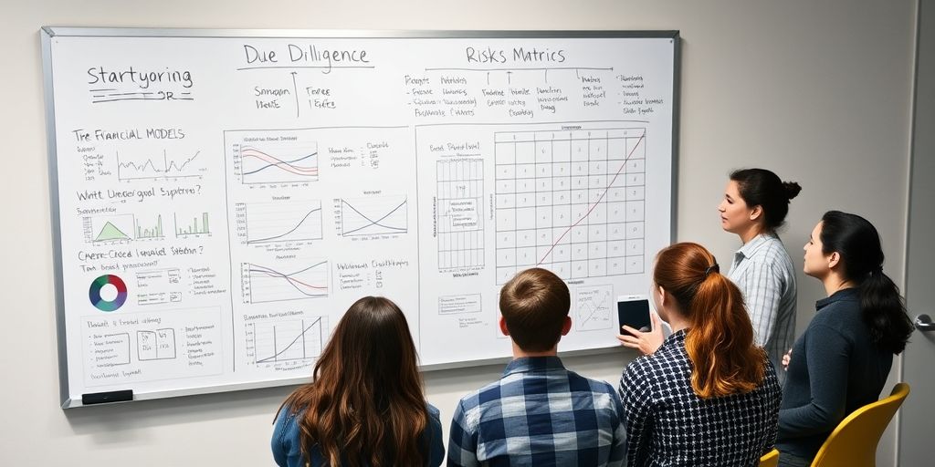 A diverse due-diligence team gathers around a whiteboard with graphs, financial models, and risk matrices, demonstrating thorough evaluation and collaborative decision-making in startup investing.