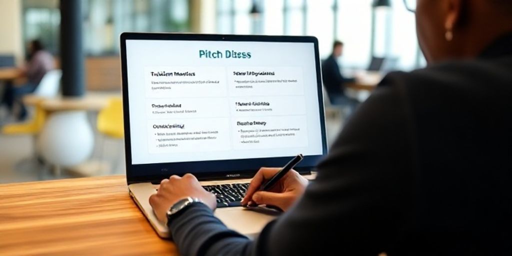 An entrepreneur drafting a pitch deck on a laptop, with a clean, data-driven slide showing traction metrics, unit economics, and a clear value proposition, in a modern coworking space.