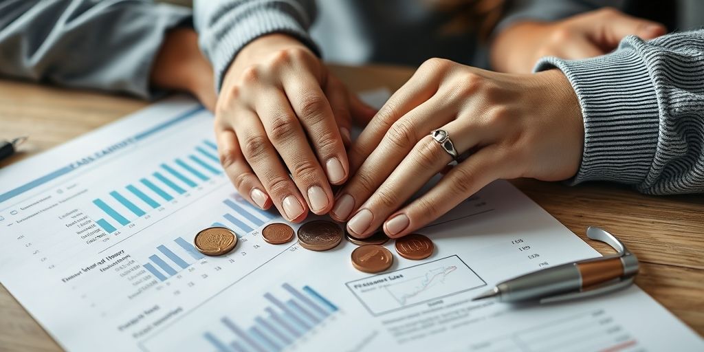 A close-up shot of a family’s hands over a budget sheet, coins, and a life insurance policy, conveying security and peace of mind during economic uncertainty.