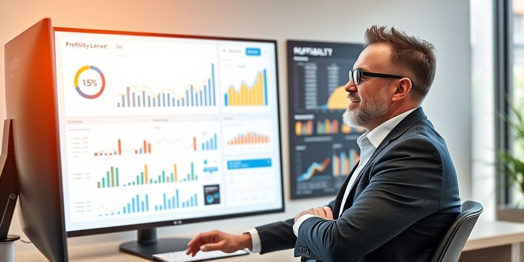 A high-quality image showing a confident business owner reviewing a profitability dashboard on a large monitor, with financial charts, corporate branding, and a calm, focused atmosphere.