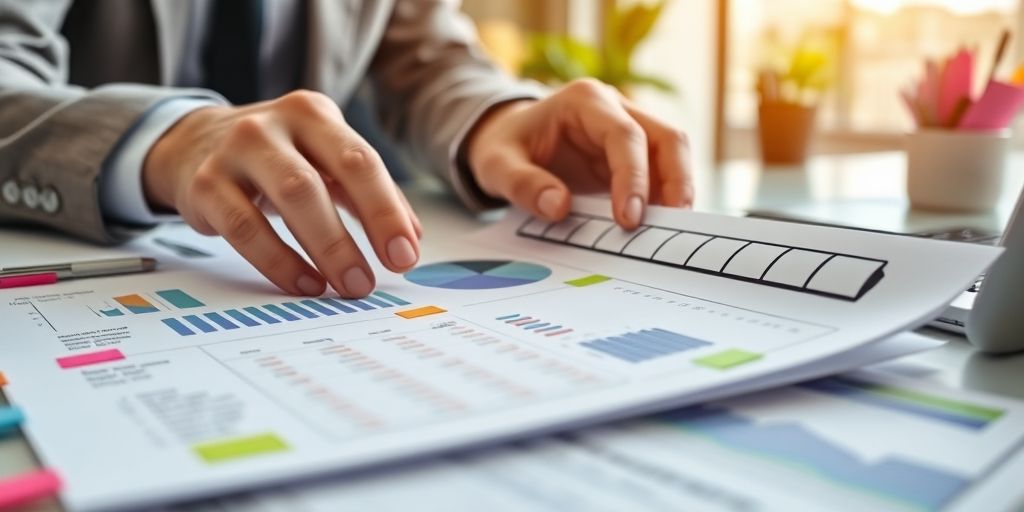 Close-up of hands reviewing a detailed financial report with colorful charts, sticky notes, and a calm corporate setting to illustrate trust and clarity in accounting.