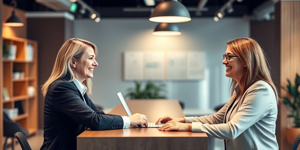 A warm, inviting customer service desk with smiling accountant assisting a client, highlighting personal connection and trust in a financial services context.