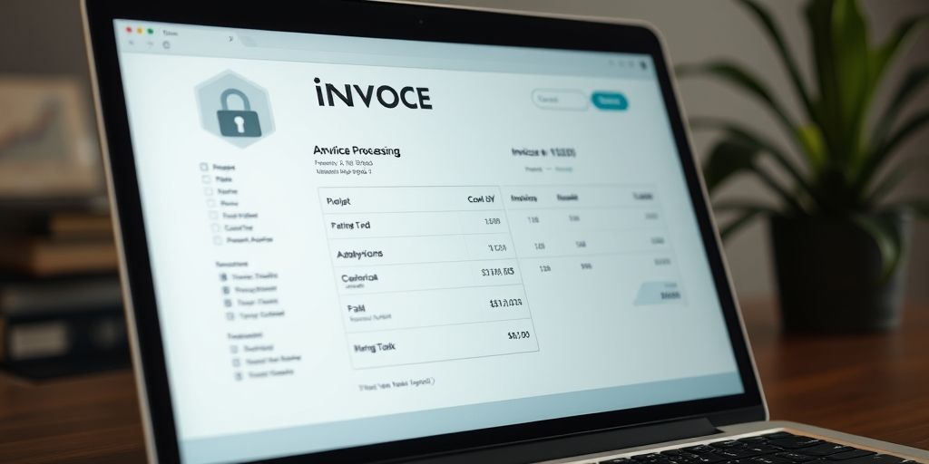 A close-up of a laptop screen displaying AI-powered invoice processing, with security icons and clean UI, suggesting advanced yet accessible technology for accounting.