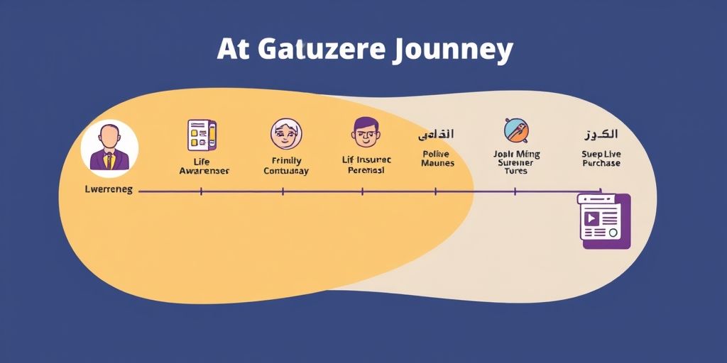 An illustrated concept of customer journey in life insurance marketing, from awareness to policy purchase, with friendly icons, Persian text overlays, and a warm, trustworthy color palette.