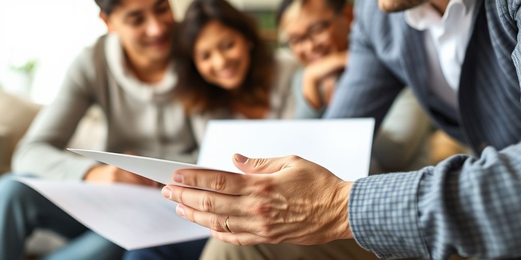 Close-up of a compassionate agent helping a family plan their future, hands-safe, soft focus, cozy home setting, emphasizing trust and clarity in life insurance marketing.