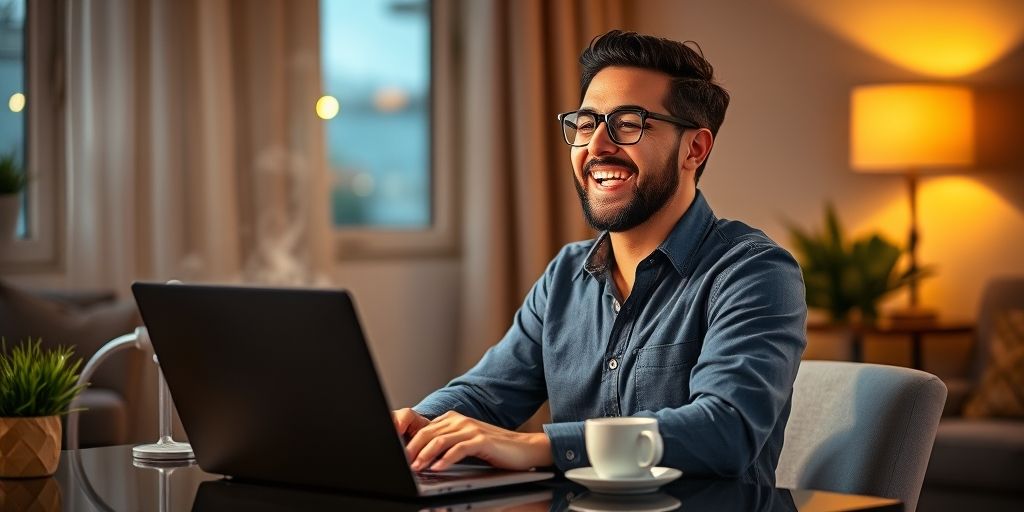 A confident freelancer celebrating salary increase or successful freelance project, laptop and coffee, soft evening light, symbolizing successful monetization of new skills.