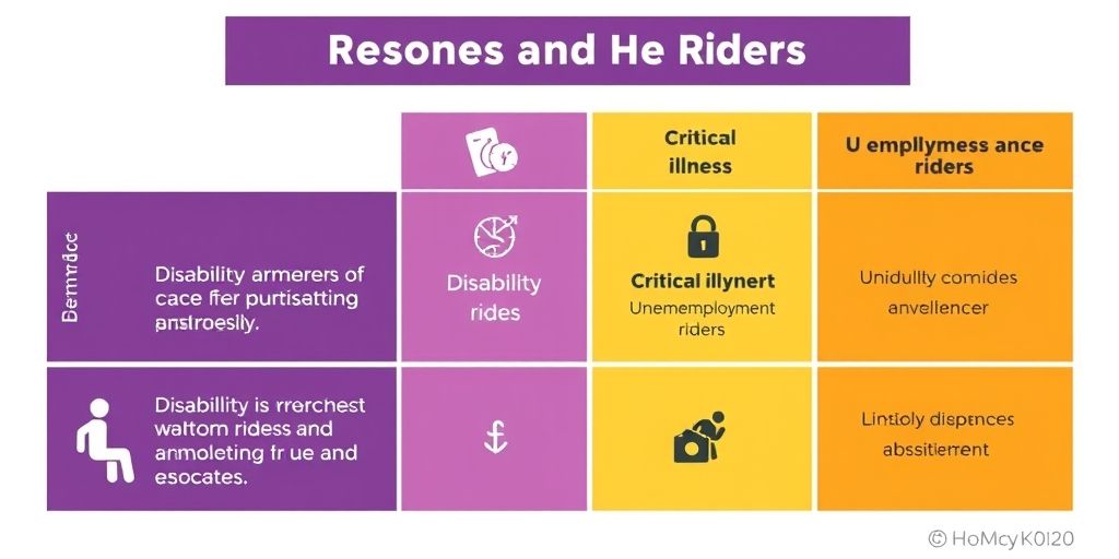 An infographic-style image comparing insurance riders and their benefits, with clear symbols for disability, critical illness, and unemployment riders.