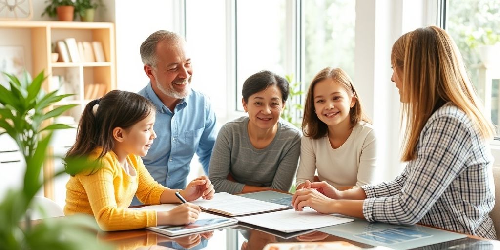 A family discussing insurance options with a financial advisor in a bright office, illustrating trust and professional guidance.