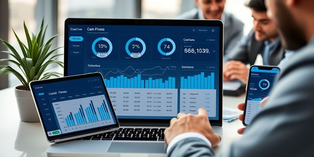 A modern dashboard on a laptop and smartphone displaying cash-flow metrics, with clean blue visuals, arrows indicating inflows and outflows, and a professional team analyzing data for strategic decisions in a Persian business environment.