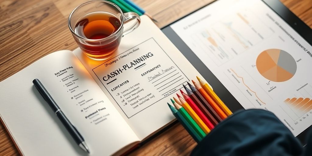 A close-up notebook with cash-flow planning sketches, colorful pens, a cup of tea, and a tablet showing scenario analyses, emphasizing strategic thinking in a Persian-speaking startup or SME.
