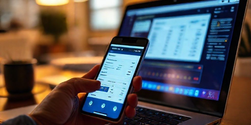 Close-up of a smartphone and laptop displaying synchronized accounting software screens, invoices scanning, OCR recognition highlights, and real-time notifications, warm office lighting.