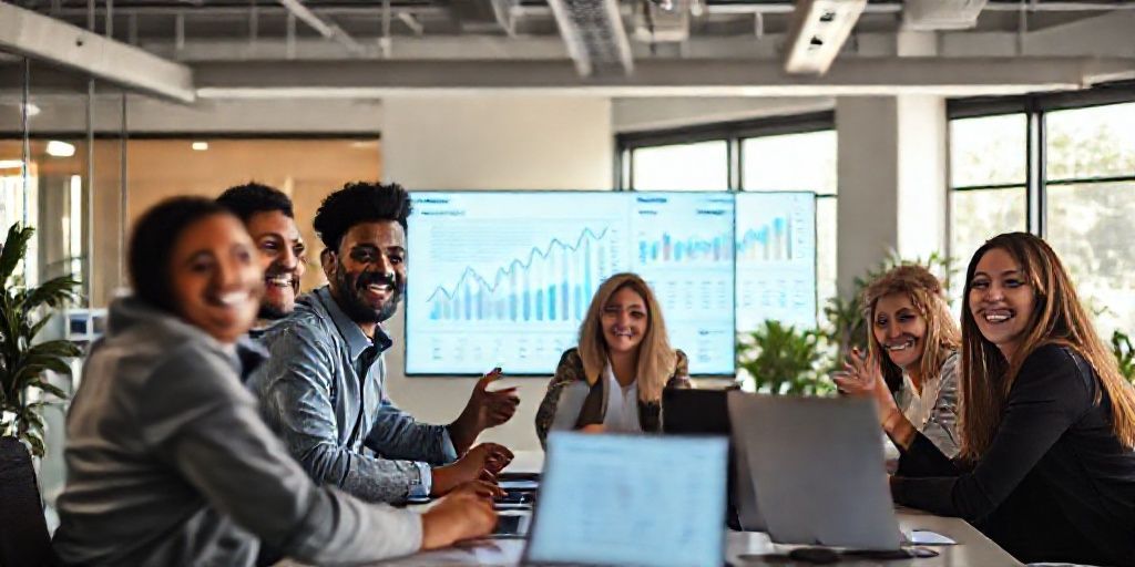 A confident finance team celebrating after successful implementation of accounting automation, diverse team, modern office, charts showing upward trends on screen, natural lighting.